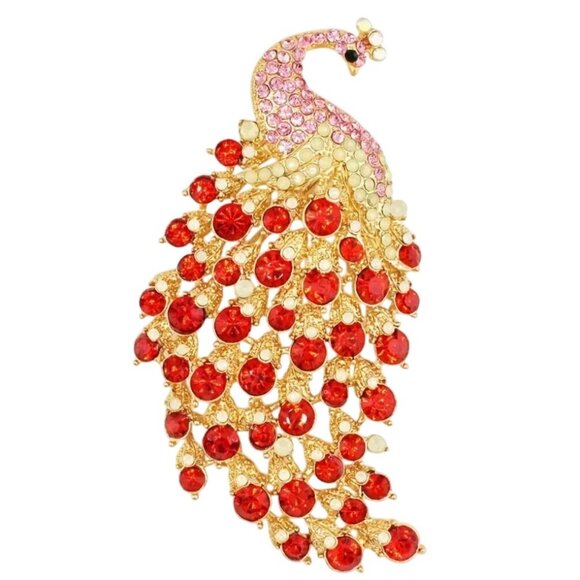 Betsey Johnson Red & Pink Crystal Peacock Brooch - Picture 1 of 2